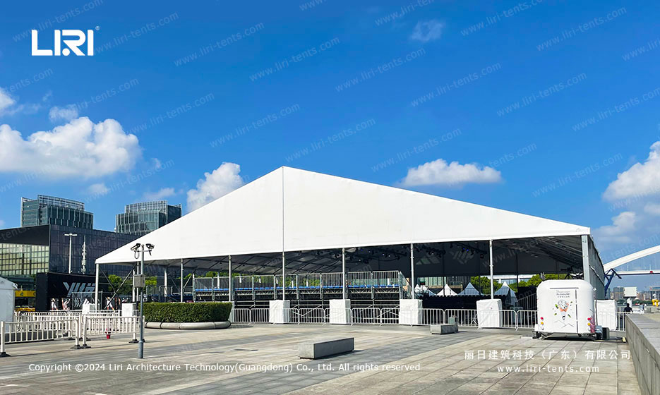 Clear span tent setup for basketball games