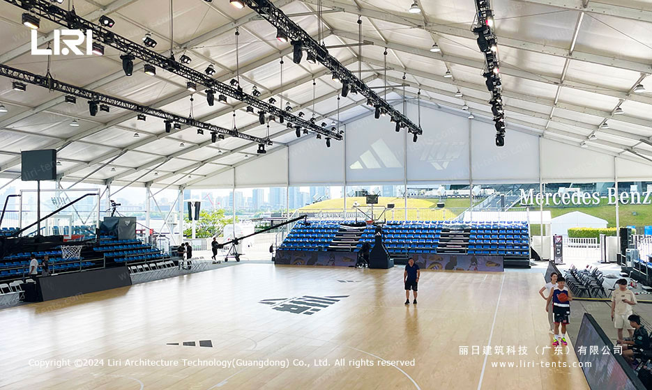 Weatherproof clear span tent for basketball courts