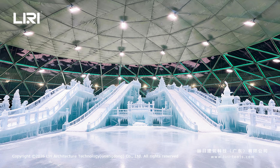 Indoor ice slides under a polygon exhibition tent roof